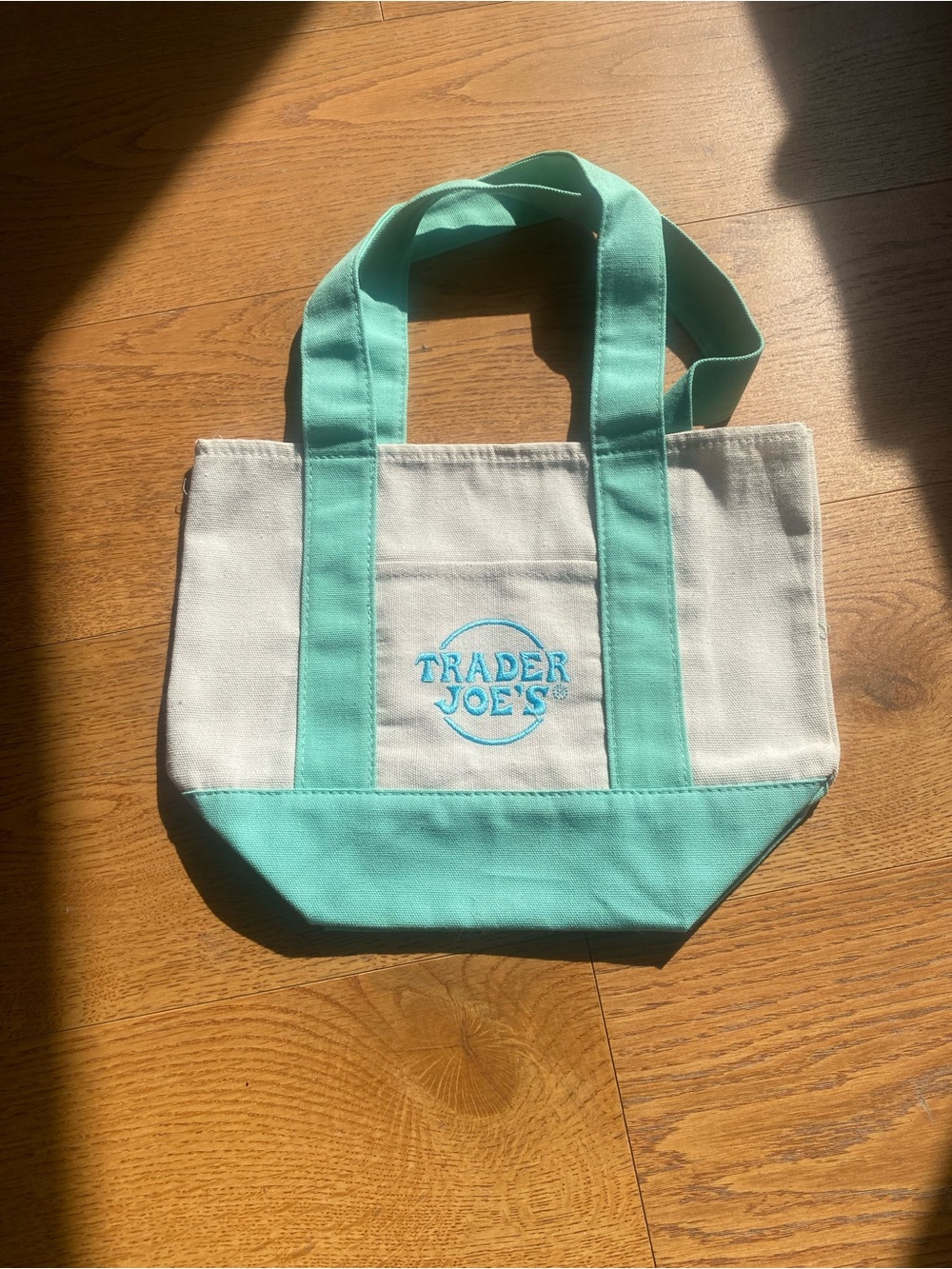TRADER JOES- Mint Green and Cream Canvas Tote Bag